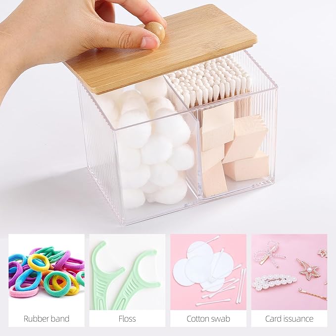 Ohlove Qtip Holder with Bamboo Lids, 3 Compartments Cotton Ball/Swabs Dispenser - Image 3