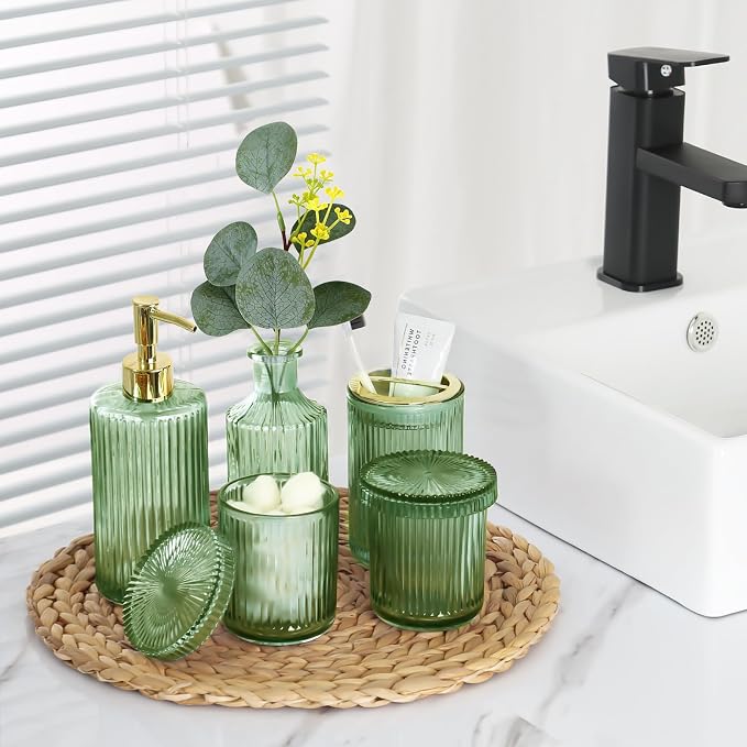 Green Bathroom Accessories 5 Pcs, Glass Bathroom Accessory Set, Vintage Green - Image 7