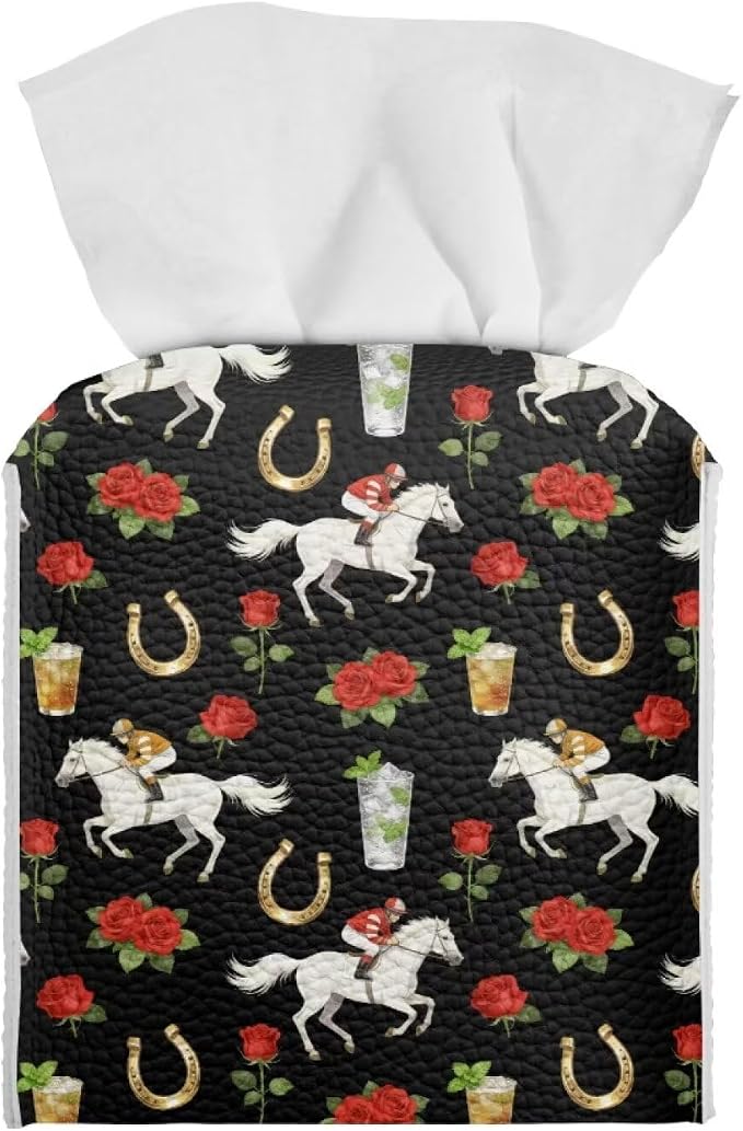 Rose Racing Horse Decorative Tissue Box Cover, Waterproof PU Leather Square by Pzuqiu