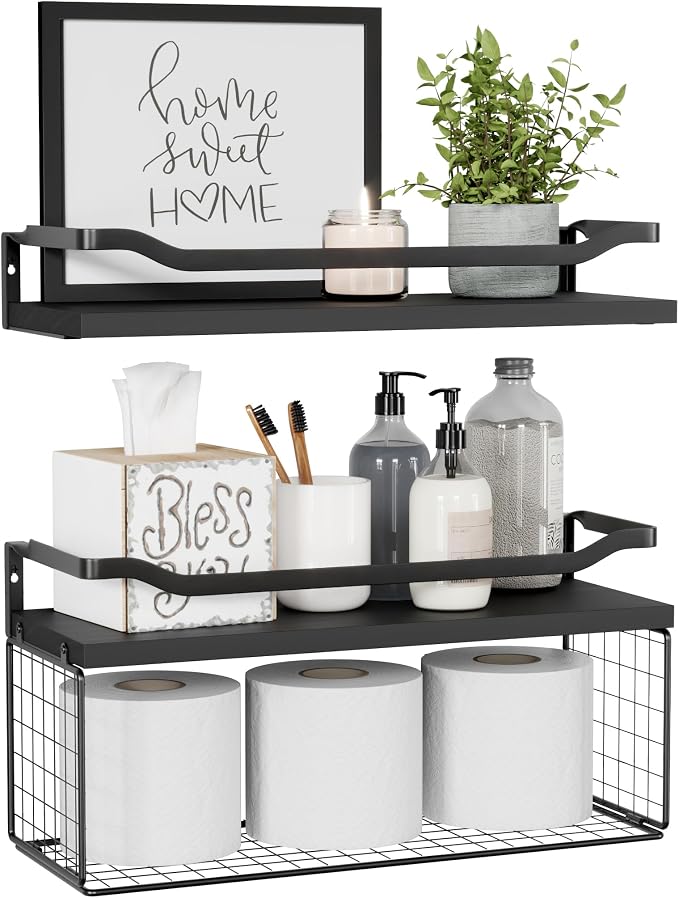 WOPITUES Floating Shelves with Wire Storage Basket, Bathroom Shelves Over by WOPITUESOfficial