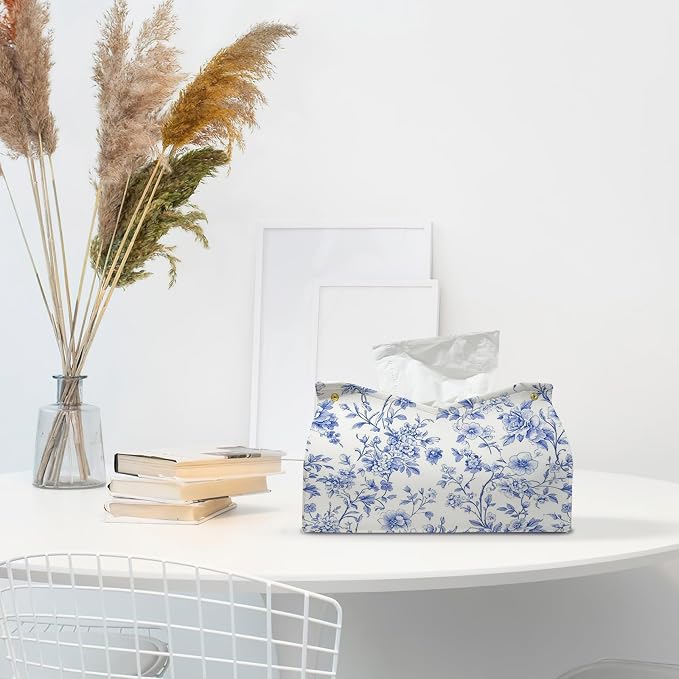 Light Blue Chinoiserie Tissue Box Cover Rectangle, PU Leather Decorative Facial - Image 3