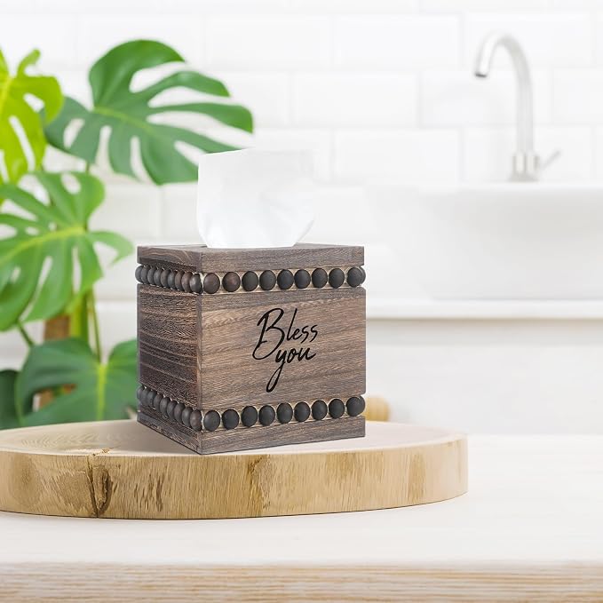 Bless You Beaded Square Tissue Box Cover, Rustic Farmhouse Vintage Wooden - Image 6