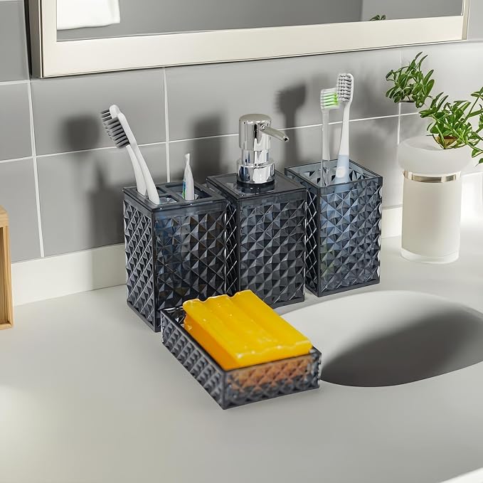 Bathroom Accessories Set, Diamond Pattern Soap Dispenser and Toothbrush Holder - Image 4