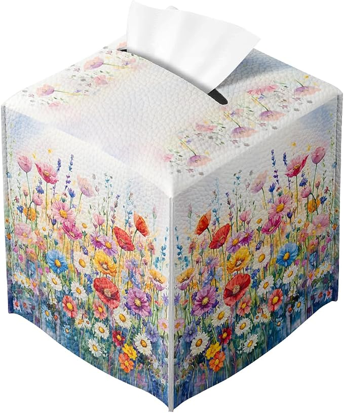 Flower Tissue Box Cover Vibrant Watercolor Bloom Field Dreamy Spring Art Square by Unknown