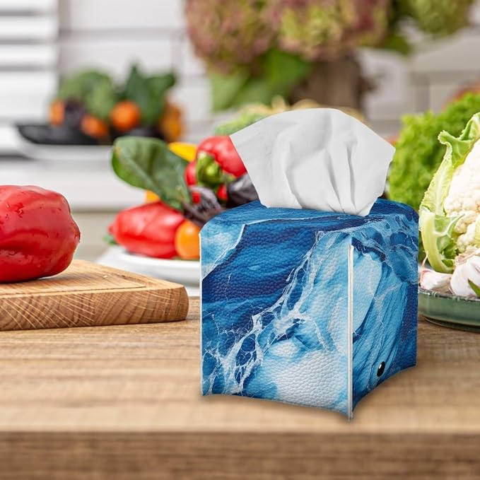 Blue Marble Tissue Box Cover Modern Square Tissue Box Organizer Decorative PU - Image 5