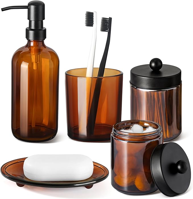 GMISUN Bathroom Accessories Set, 5 Pack Amber Glass Bath Accessory Sets Complete by GMISUN