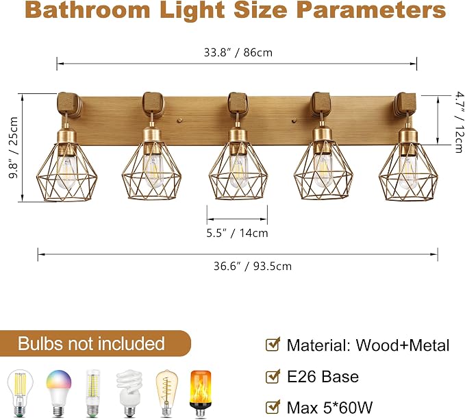 maesta Bathroom Gold Vanity Light Fixtures, 5-Light Gold Bathroom Light - Image 3