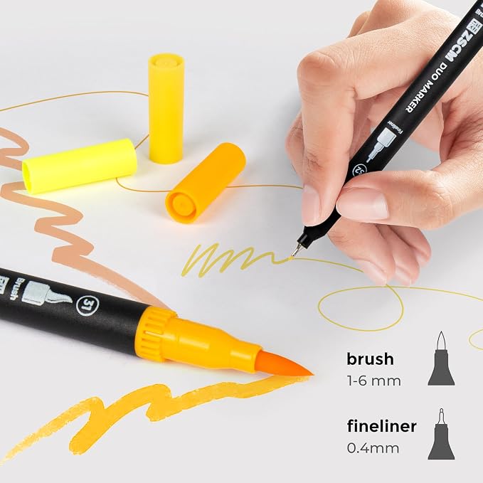 Yellow Duo Tip Marker Pens, 12 Pack Fine & Brush Markers - Image 2