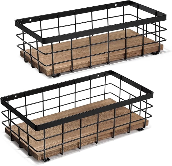 TJ.MOREE 2-Pack Small Metal Wire Basket, Decorative Wood Base Organizer by TJMOREE