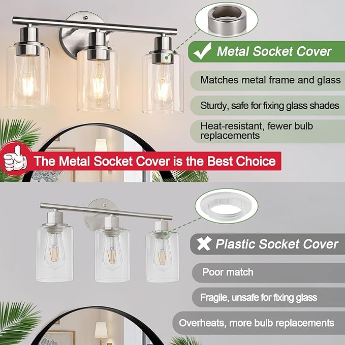 3-Light Bathroom Light Fixtures, Brushed Nickel Vanity Light, Farmhouse Wall - Image 6