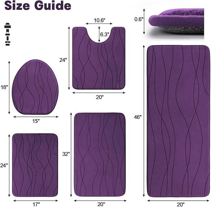 YIHOUSE Memory Foam Purple Bathroom Rug Sets 5 Piece, Ultra Absorbent Bath Mat - Image 2