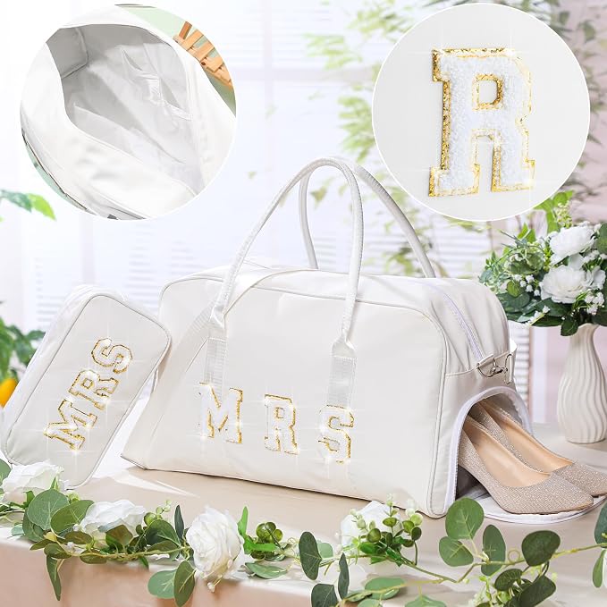 2 Pcs Wedding Weekender Bag Bride Groom Duffle Bag Chenille Letter Patch Travel - Image 3