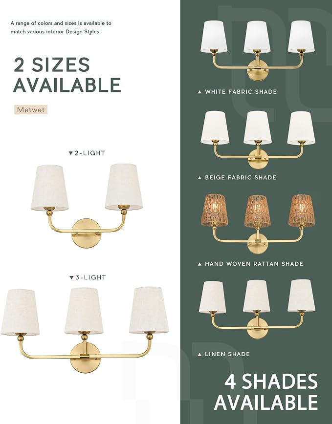 2-Light Bathroom Light Fixtures, Brushed Gold Vanity Lights, Double Wall Sconce - Image 7
