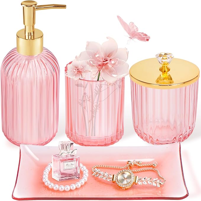 Pink Bathroom Accessories Set 4PCS Glass Bathroom Accessories Set by Cirhy