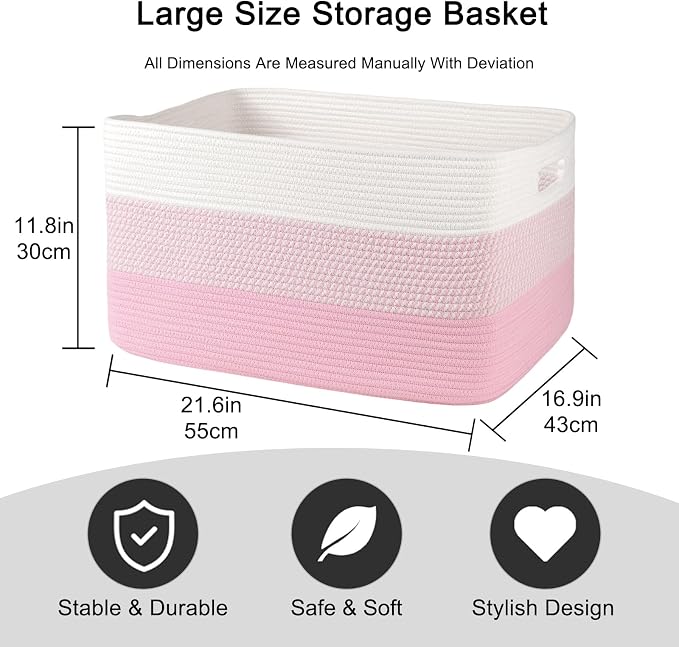 OIAHOMY Large Blanket Basket, 22”x17”x12” Rectangle Woven Baskets, Nursery - Image 3
