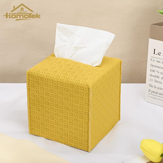 HOMOTEK 2 Pack Tissue Box Cover, Square PU Leather Tissue Holder, Decorative - Image 4
