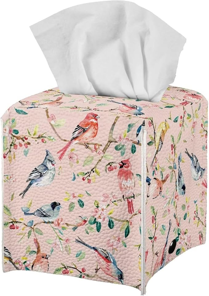 Bird Flowers Tissue Box Holder, PU Leather Square Napkin Cover - Image 2