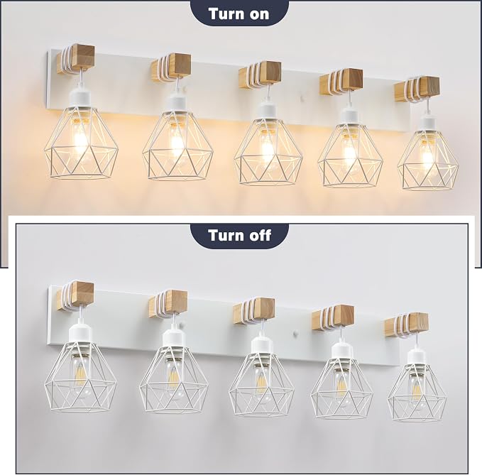 White Bathroom Vanity Light Fixtures, 5-Light Wood Bathroom Light Fixtures Over - Image 5