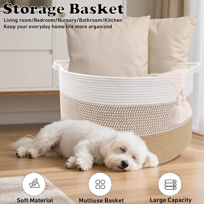 90L Large Blanket Basket, 21.7"L x 21.7"W x 13.8"H Rope Woven Baskets - Image 6