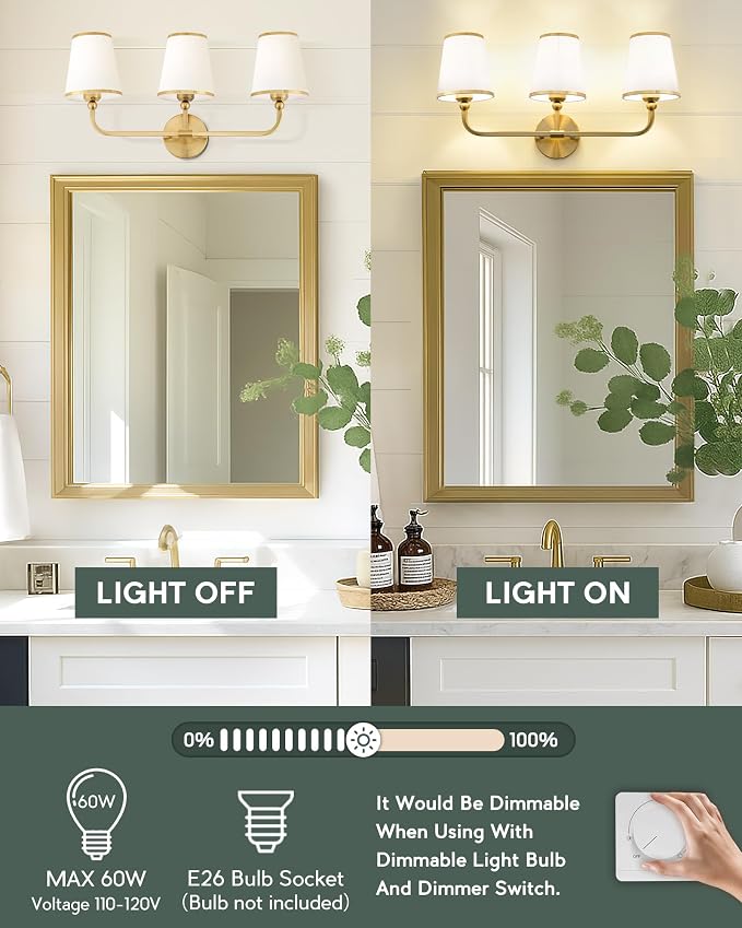3-Light Bathroom Light Fixtures, Brushed Gold Vanity Lights Over Mirror - Image 5