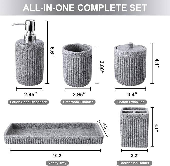 Resin Grey Bathroom Accessories Set 5 Pcs, Lotion Soap Dispenser, Toothbrush - Image 2