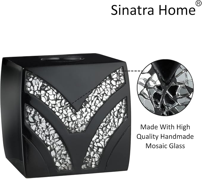 Zahari Home 2pc Sinatra Black Modern Bath Accessories Set Waste Basket & Tissue - Image 6