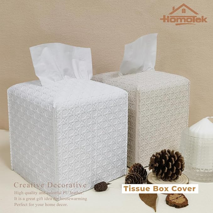 HOMOTEK 2 Pack Tissue Box Cover, PU Leather Tissue Holder, Square Decorative - Image 6