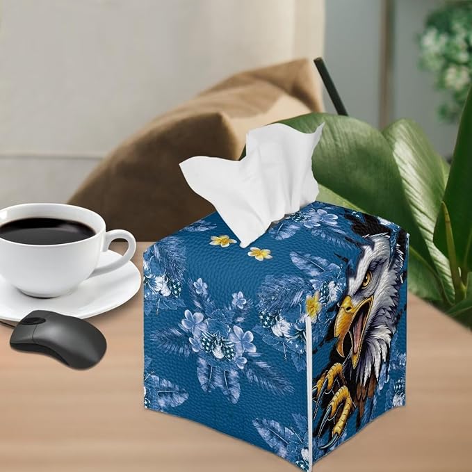 Eagle Blue Flowers Tissue Box Holder, PU Leather Square Napkin Cover - Image 4