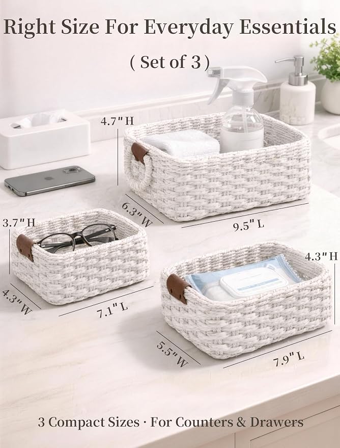 Storage Basket, Recycled Paper Rope Bathroom Basket Organizer, Mini wicker - Image 2