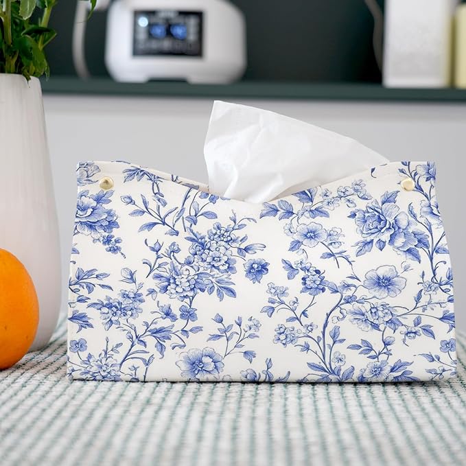 Light Blue Chinoiserie Tissue Box Cover Rectangle, PU Leather Decorative Facial - Image 2