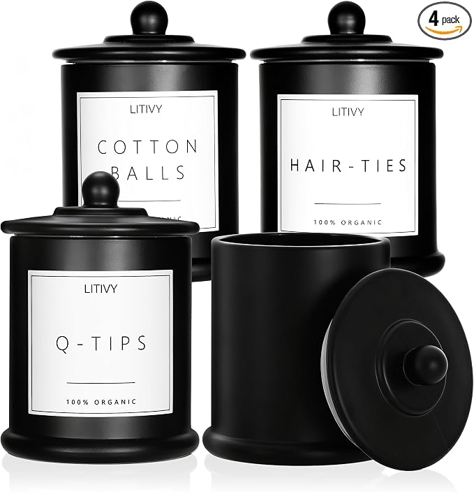 4 Pack Bathroom Organizers and Storage - 16 Oz Glass Qtip Holder & Cotton Pad by LITIVY