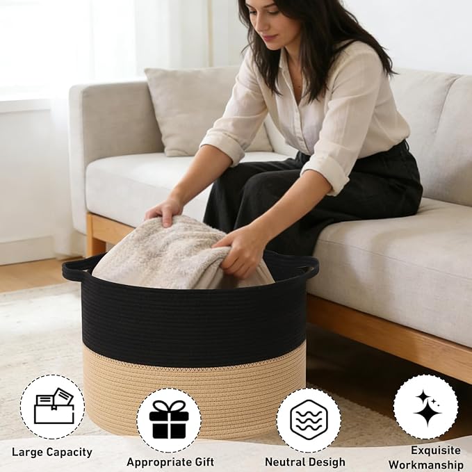 65L Large Blanket Basket, 19.7" L x 19.7" W x 13" H Rope Woven Baskets - Image 4