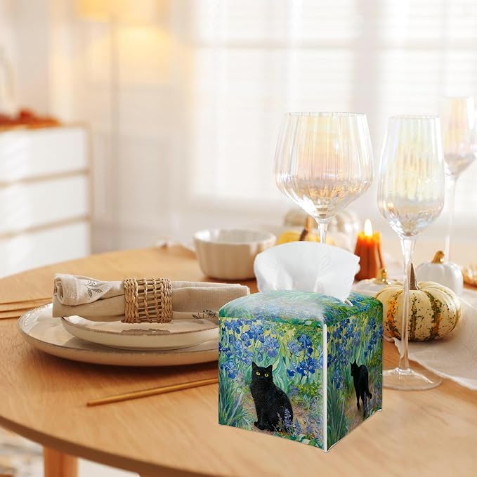 Black Cat & Blue Flowers Design Tissue Box Cover - Image 5