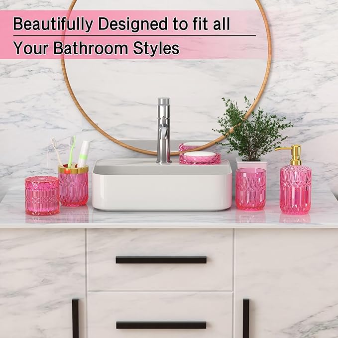Hot-Pink Glass Bathroom Accessories Set 5 Pcs, Hot-Pink Bathroom Set, Soap - Image 3
