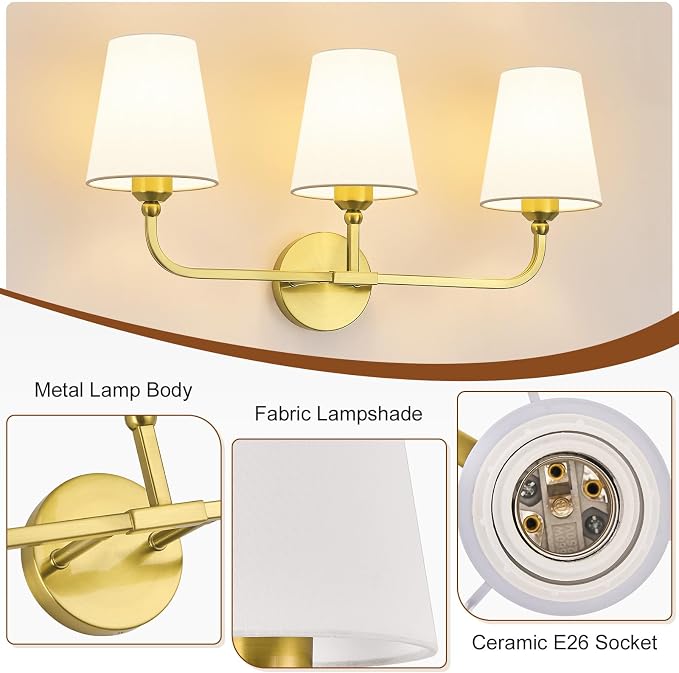 Bathroom Vanity Light, Brushed Gold Bathroom Light Fixtures, 3-Light Lighting - Image 4