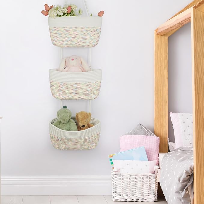 TeoKJ 3-Tier Woven Cotton Wall-Mounted Hanging Storage Baskets, Over the Door - Image 5