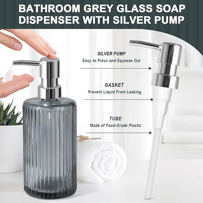 Gray Glass Bathroom Accessories 4 Pcs, Soap Dispenser and Toothbrush Holder Set - Image 3