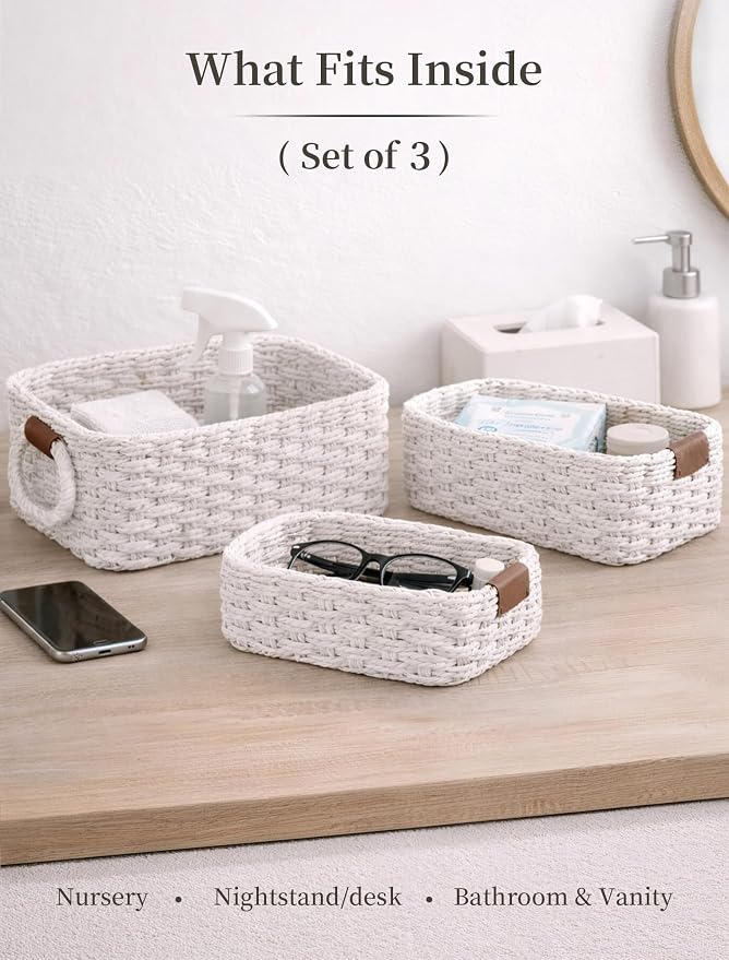 Storage Basket, Recycled Paper Rope Bathroom Basket Organizer, Mini wicker - Image 3