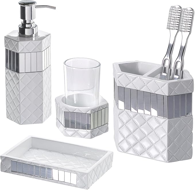 Creative Scents Quilted Mirror White Bathroom Accessories Set by CreativeScents