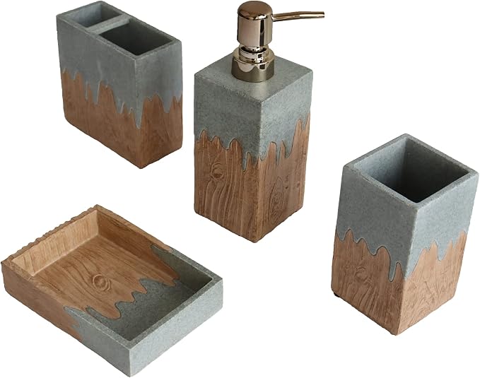 Hymmah Bathroom Accessories Set, Wooden Design Toothbrush Holder, Farmhouse - Image 2