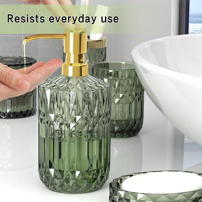 Green Glass Bathroom Accessories Set 5 Pcs, Soap Dispenser and Toothbrush - Image 5