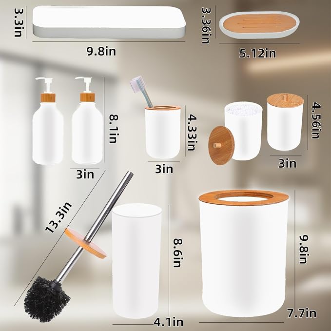 Matte White Bathroom Accessories Set 9PCS, Bamboo Bathroom Accessories Sets - Image 5
