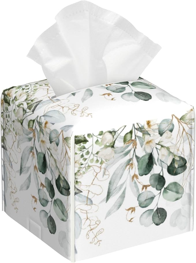 Eucalyptus Leaves and Flowers Tissue Box Cover Square, Watercolor Green Leaves by sndheke