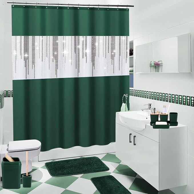 Dark Green Bathroom Sets with Shower Curtain and Rugs, Bathroom Sets Shower - Image 7