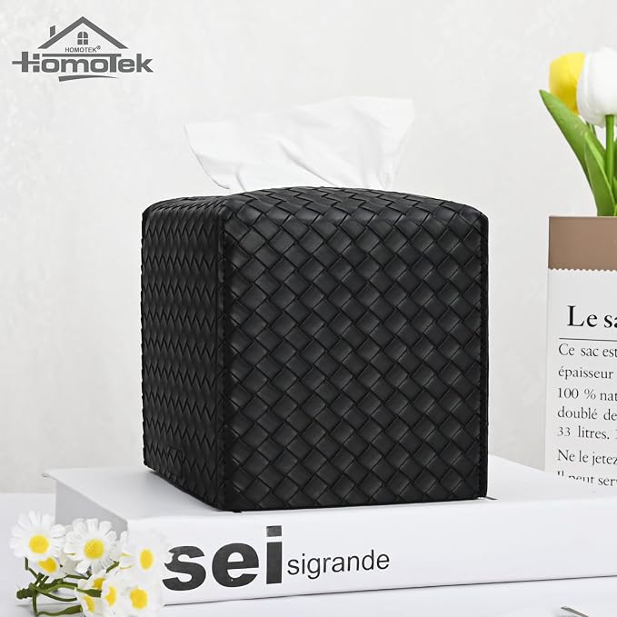 HOMOTEK 2 Pack Tissue Box Cover, Square PU Leather Tissue Holder, Decorative - Image 5