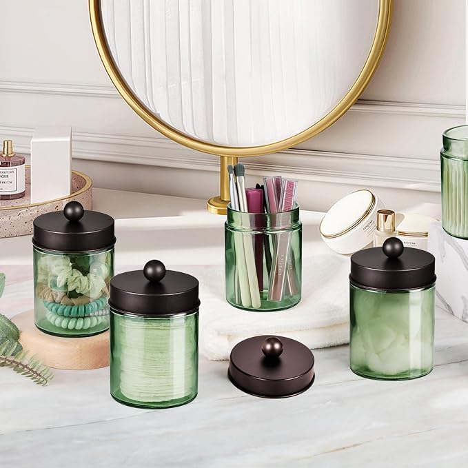 Amolliar Sage Green Qtip Holder, Glass ApothecaryJar Metal Lid & Stickers - Image 5