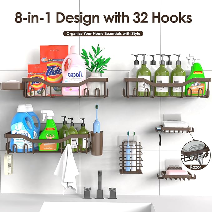 Shower Caddy Adhesive Shower Organizer 8-Pack, Rustproof Stainless Steel - Image 7