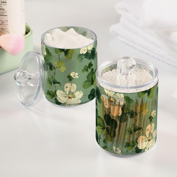 2 Pack Qtip Holder Dispenser for Cotton Ball White Flower Green Leaves Swab - Image 2