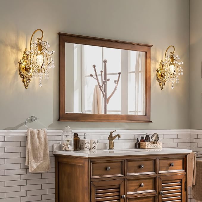 Gold Crystal Vintage Wall Sconces Set of 2 Indoor Hardwired Wall Light Fixture - Image 2