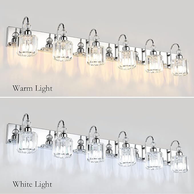 Ralbay 6-Lights Stainless Steel Crystal Bathroom Vanity Lights Over Long Mirror - Image 3